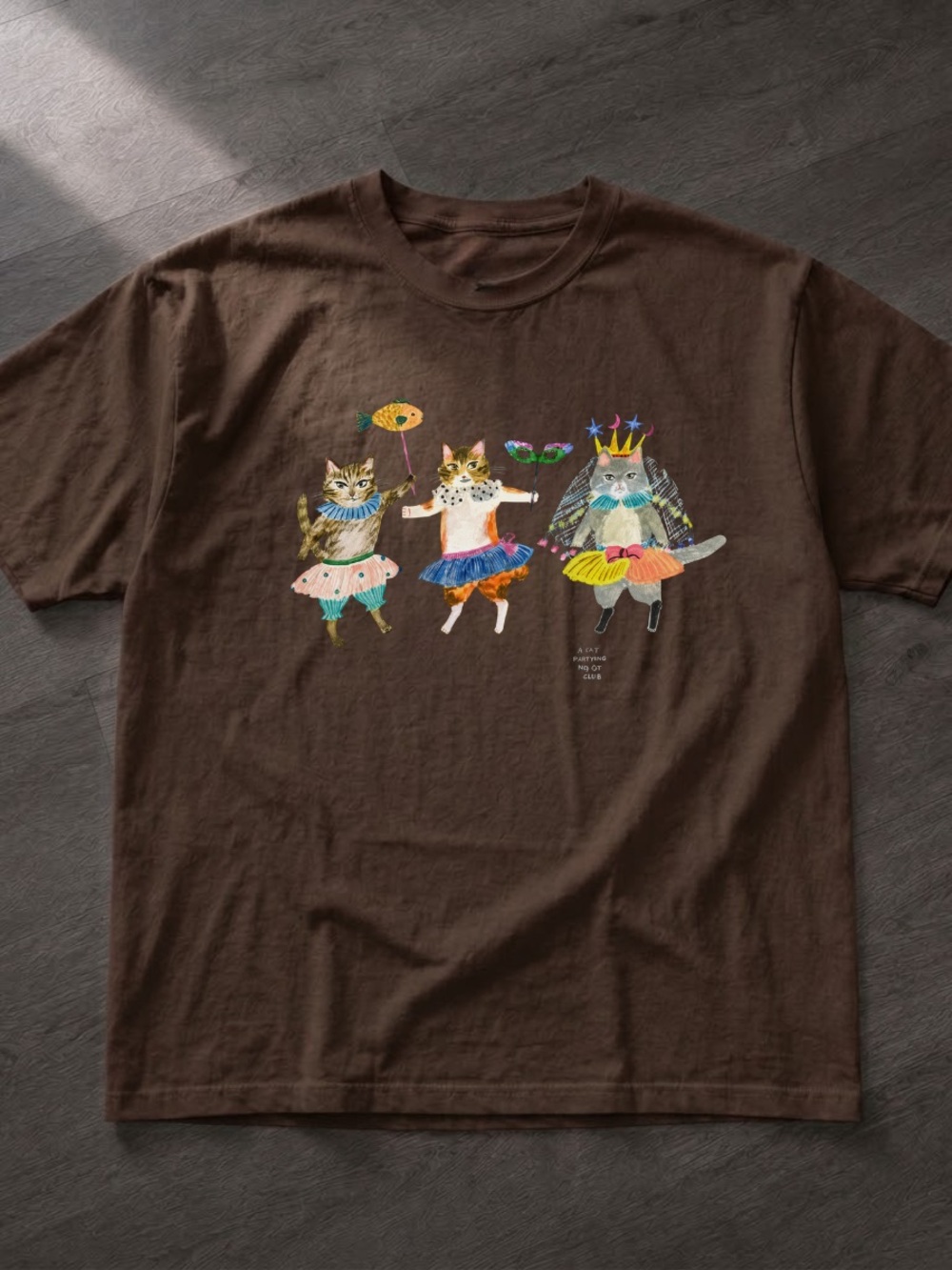 Dark Choco Graphic Tee with Colorful Dancing Cats